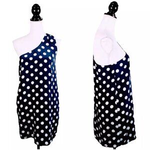 JOIE Mini Tunic Dress, Blue White 100% Silk Polka Dot Sleeveless One Shoulder XS